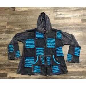 WindHorse Hoodie Artsy Patchwork Art Hoodie Zip up Sweater Size Large